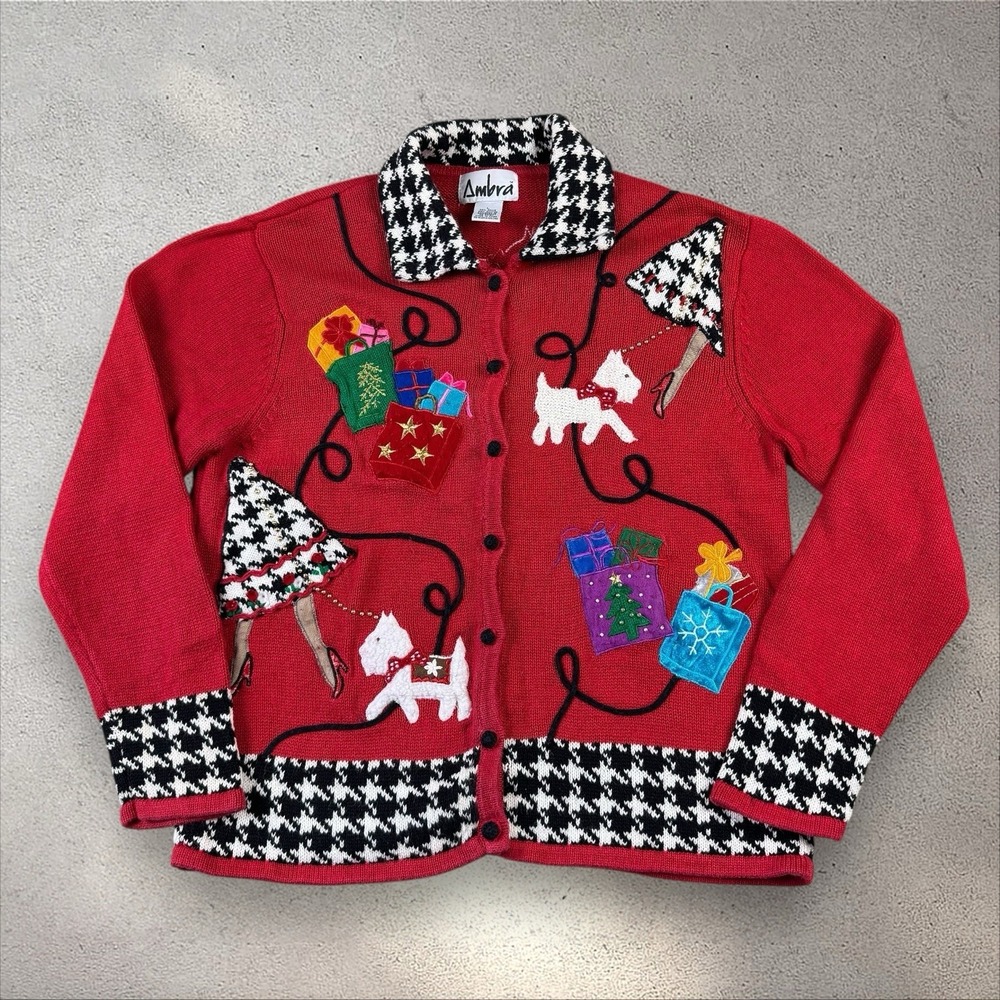 Vtg Y2K Christmas Shopping Terrier Dog Knit Houndstooth Sweater‎ Cardigan Sz L